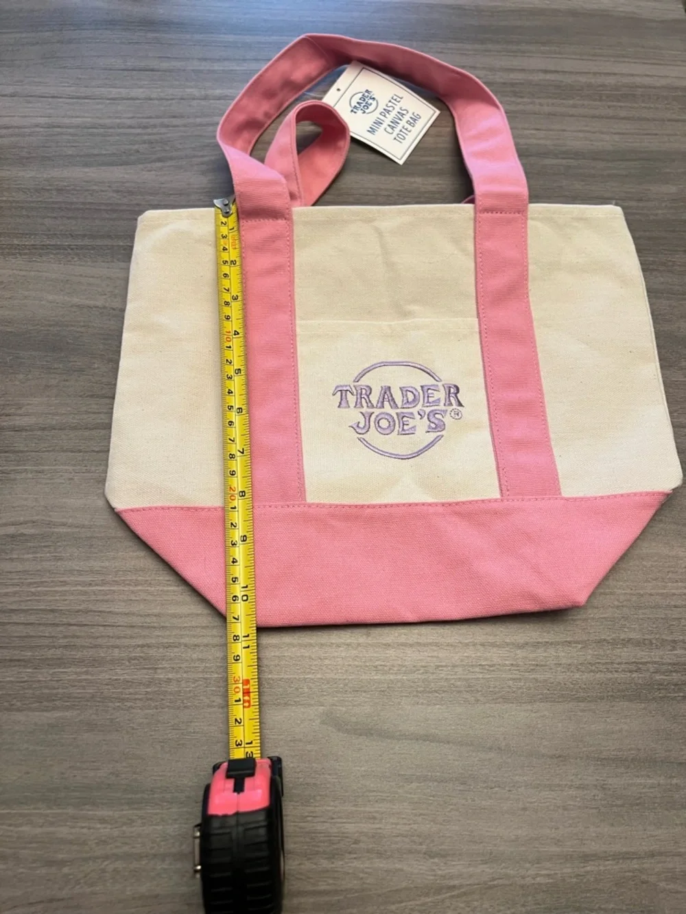 Trader Joe's Mini Pastel Pink & Cream Canvas Tote Bag With Purple Logo - Picture 7 of 7